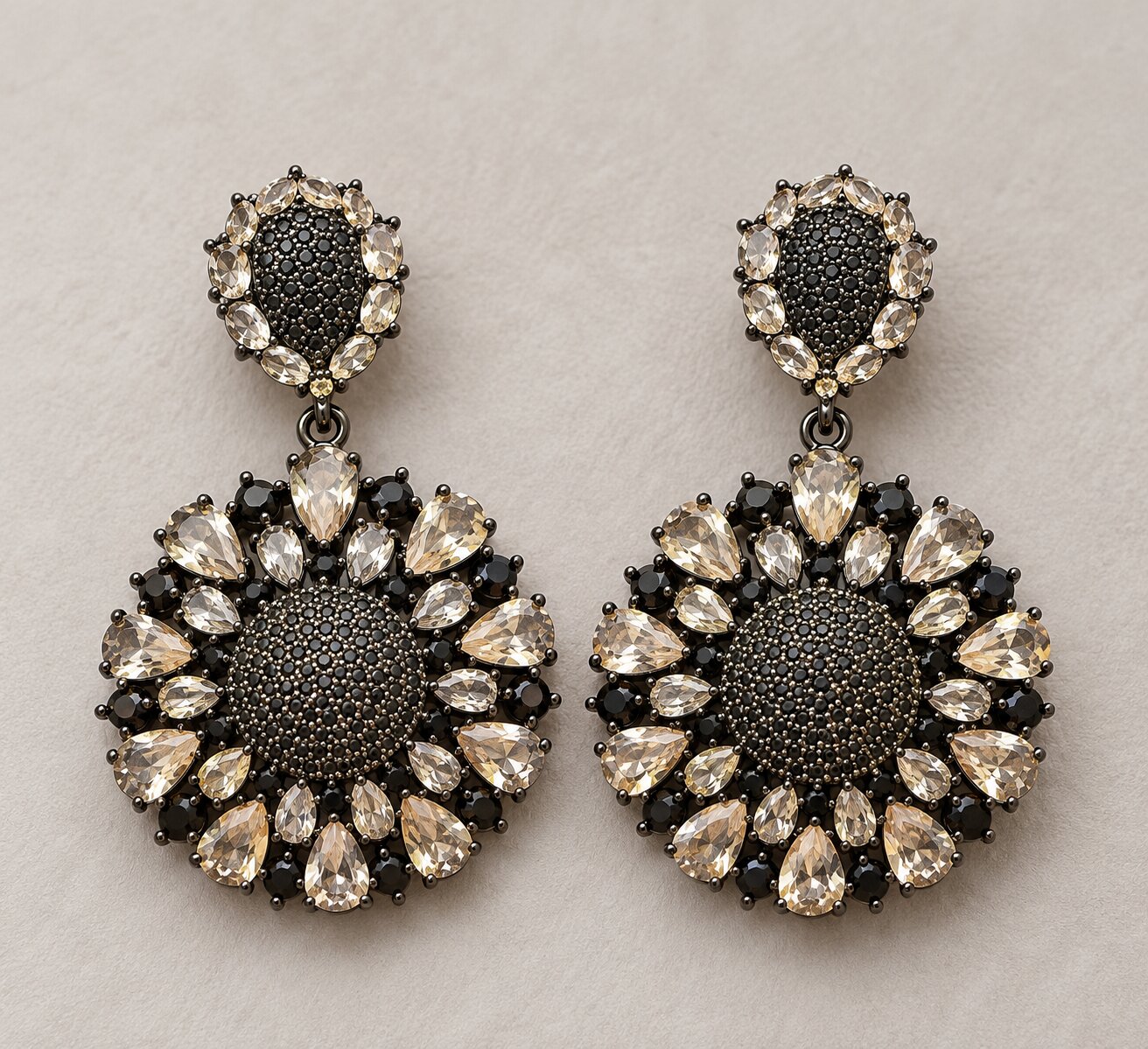 Brinco Floral Preto com Zircônias Champanhe