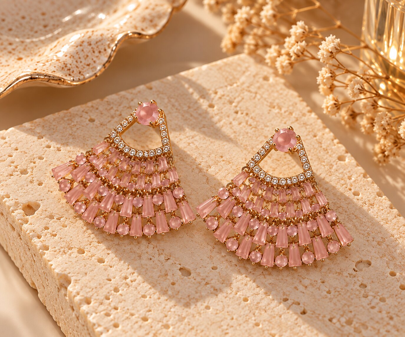 Brinco Leque Rosa com Zircônias