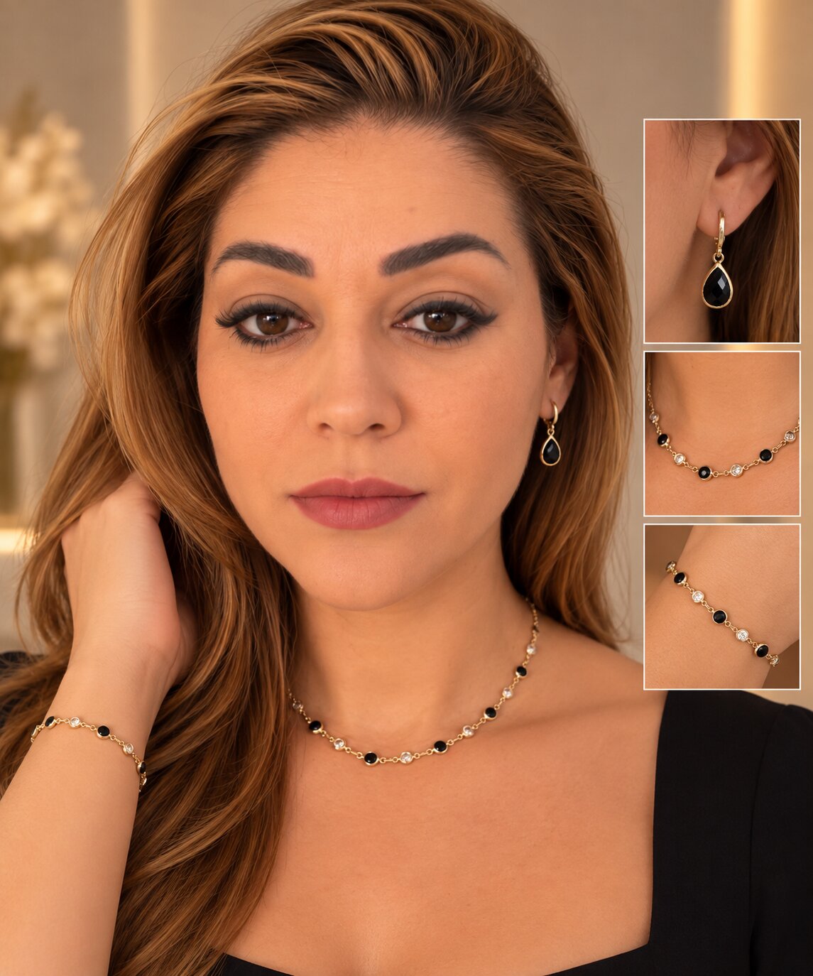 Colar Choker Preto e Cristal Banhado a Ouro 18k