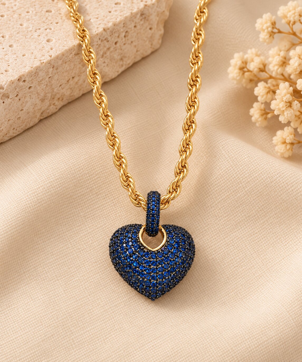 Colar Coração Safira Azul com Zircônias