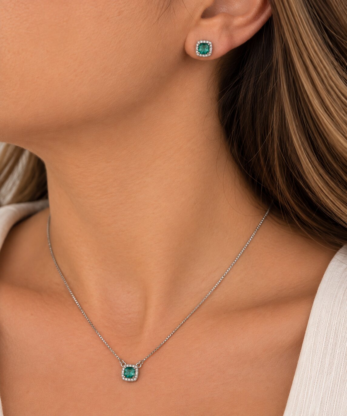 Conjunto quadrado Ródio Branco Azul Tiffany