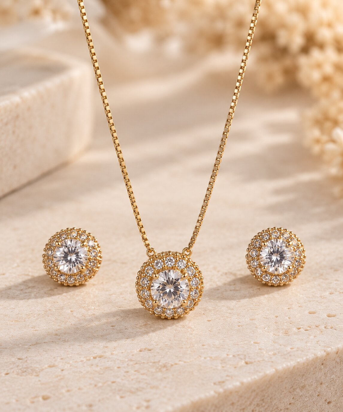 Conjunto Redondo banhado a ouro 18k com Pedra Cristal