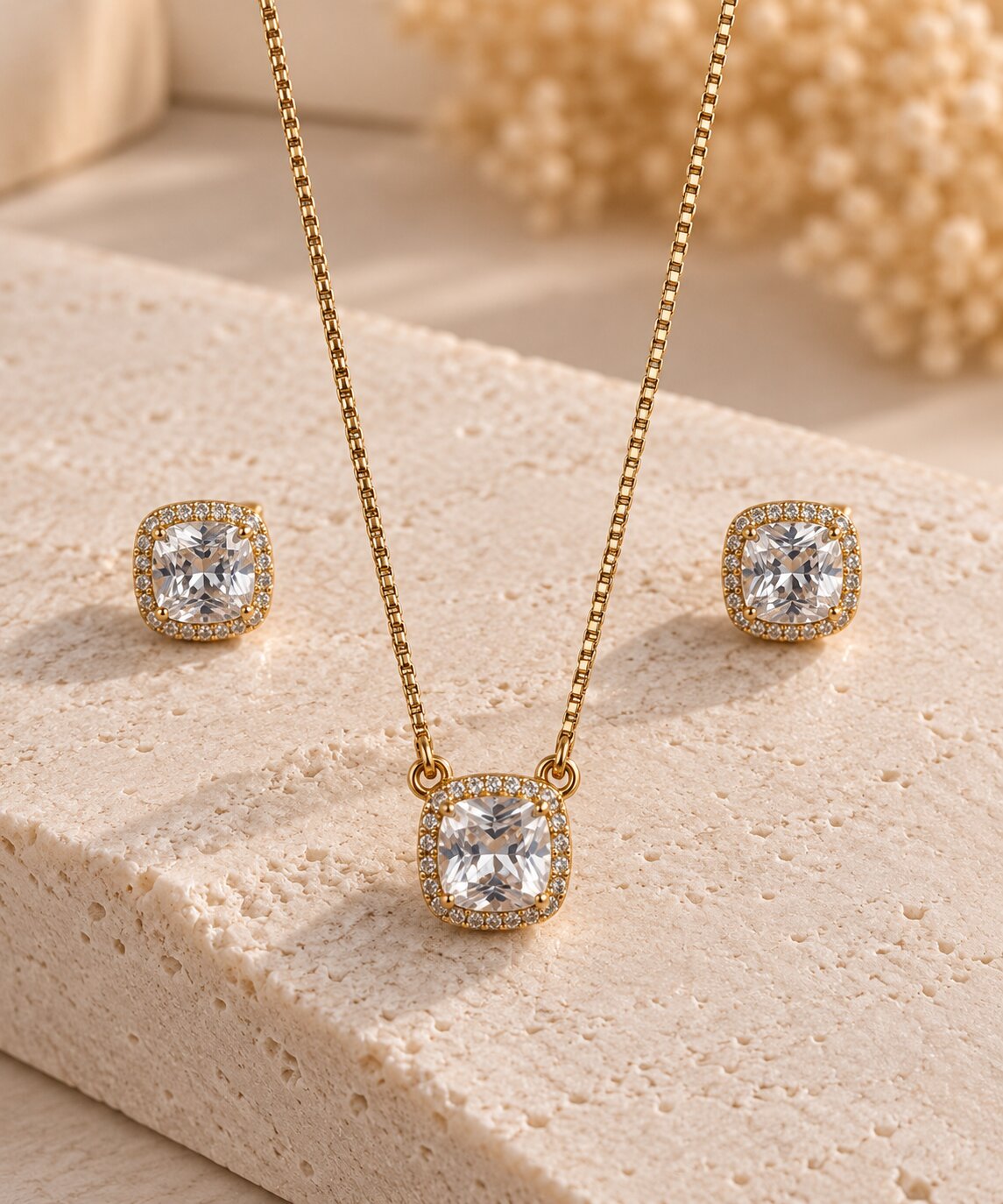 Conjunto quadrado Cristal banhado a ouro 18K