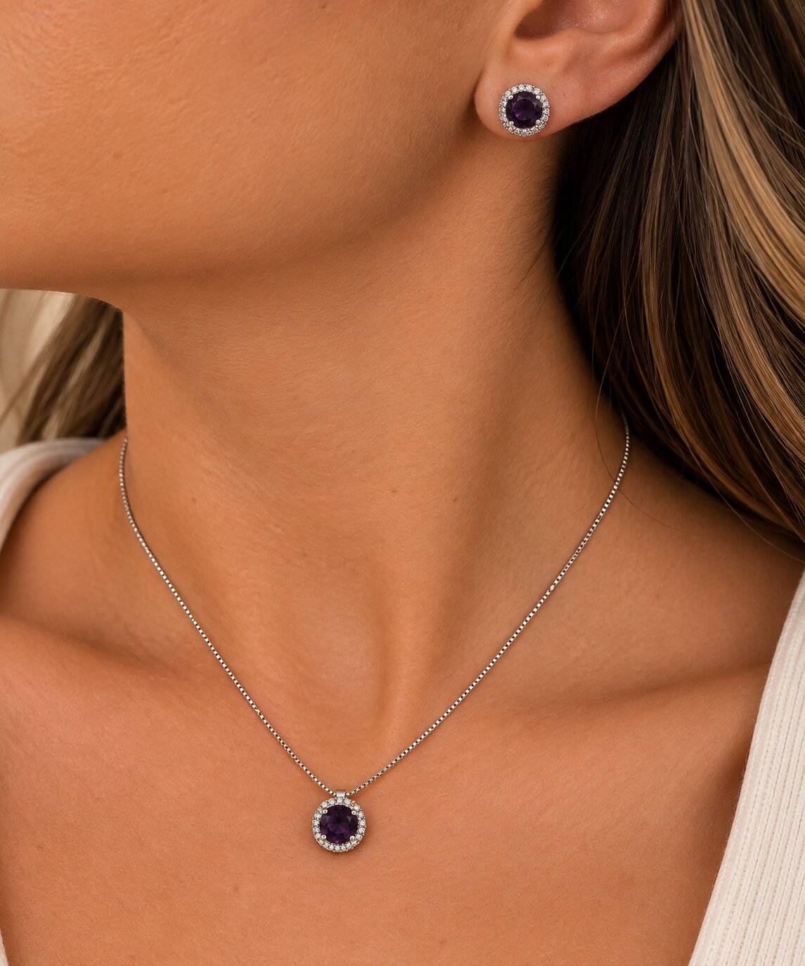 Conjunto Redondo Ródio Branco com Pedra Ametista
