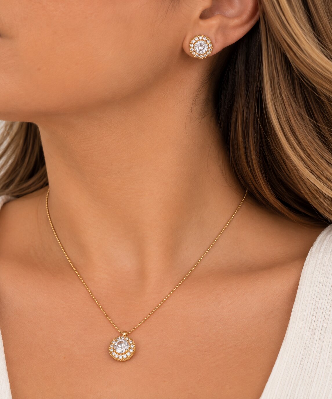 Conjunto Redondo banhado a ouro 18k com Pedra Cristal