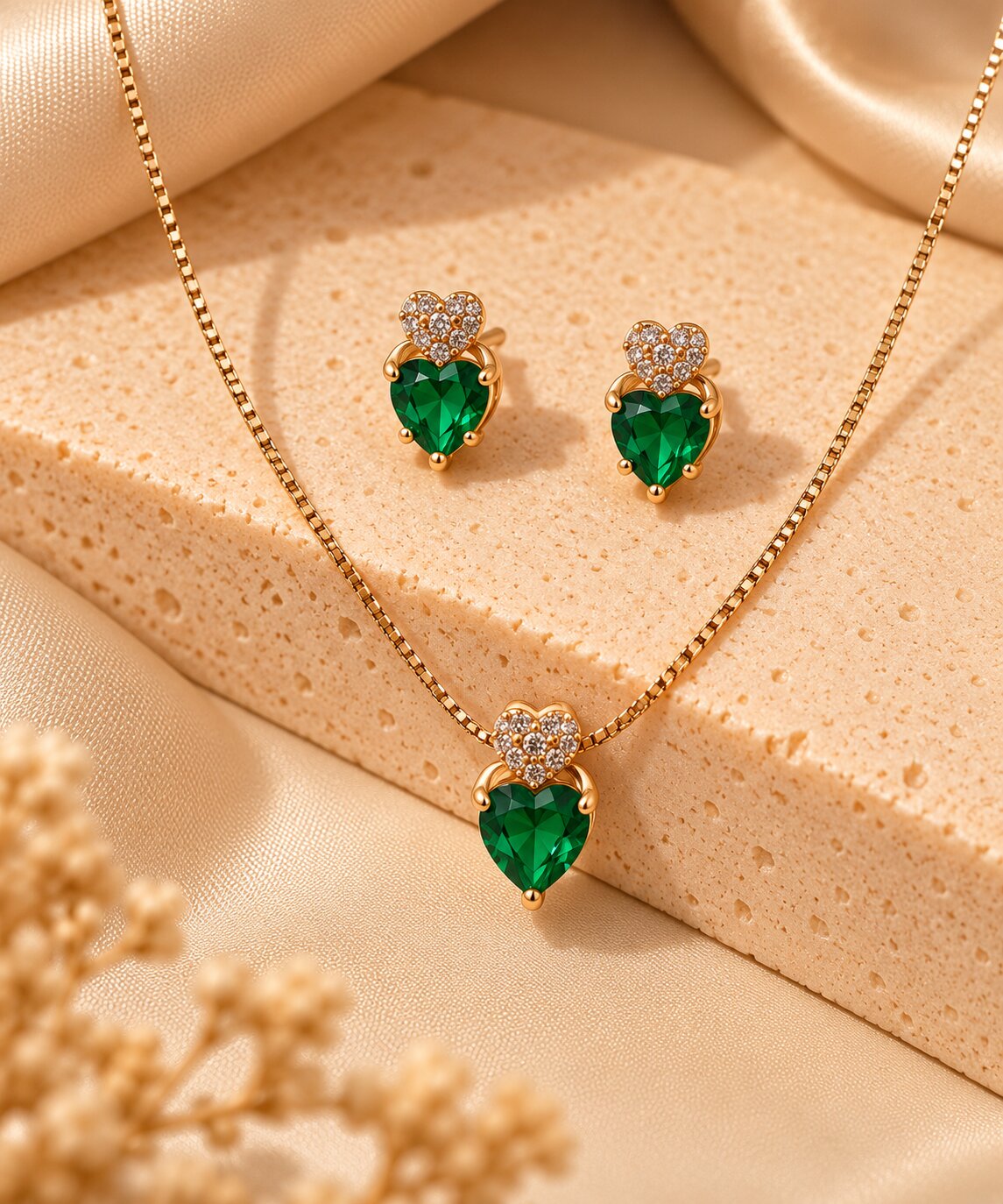 Conjunto Coração Esmeralda com Zircônias