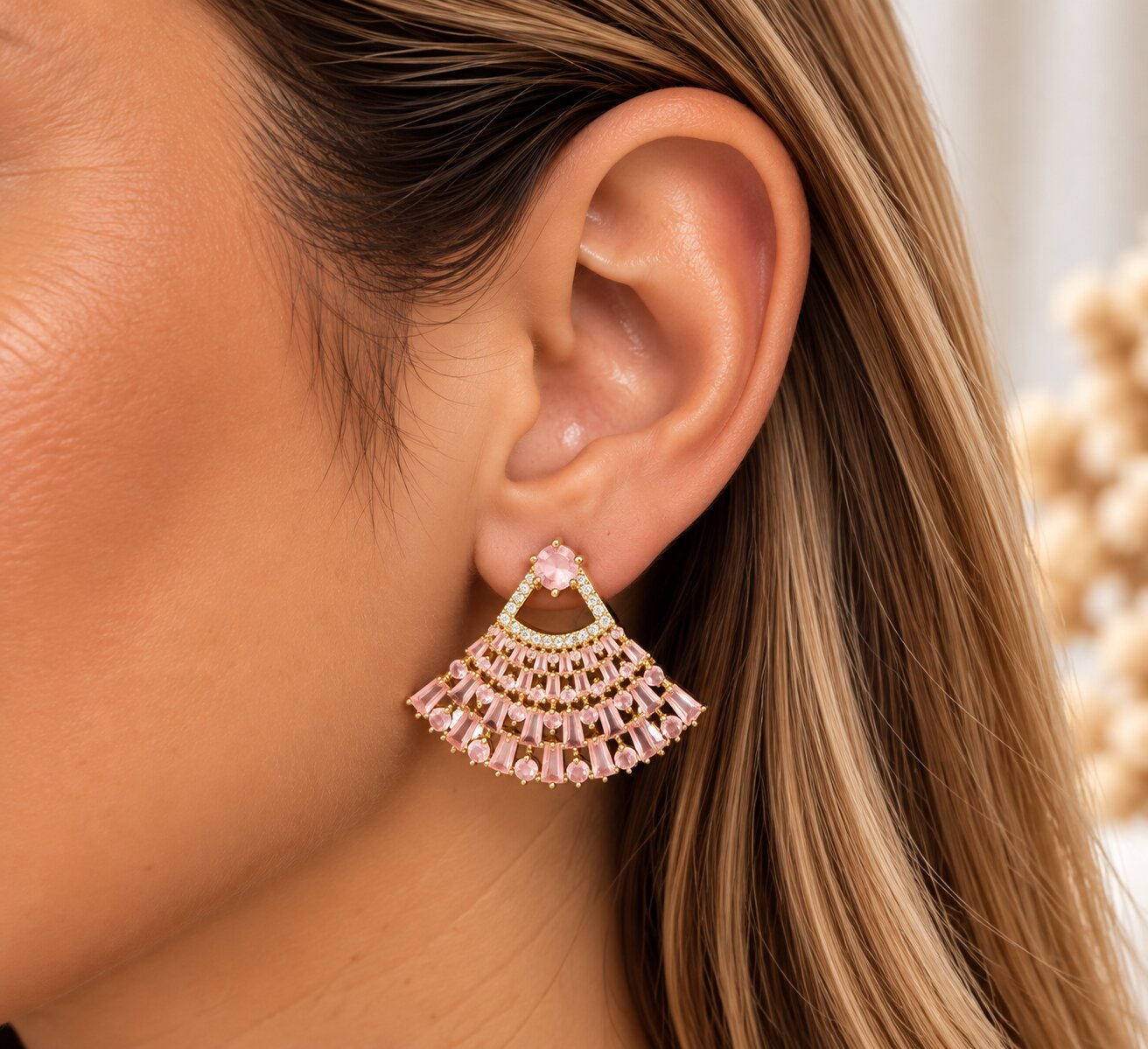 Brinco Leque Rosa com Zircônias